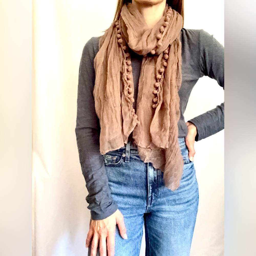 Elegant fine woven 100% cotton Brown Scarf with ball tassels